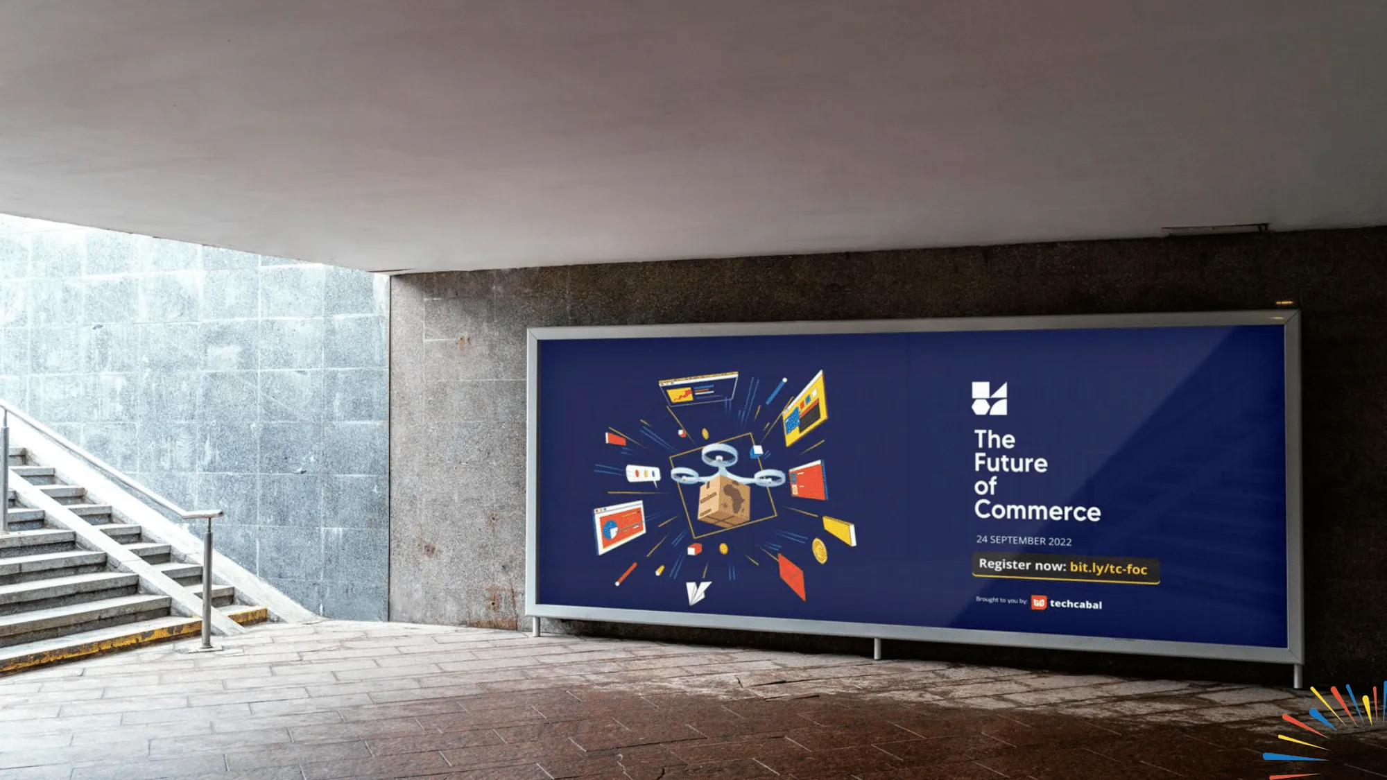 A Future of Commerce campaign billboard mock-up in a concrete public space featuring an e-commerce illustration.