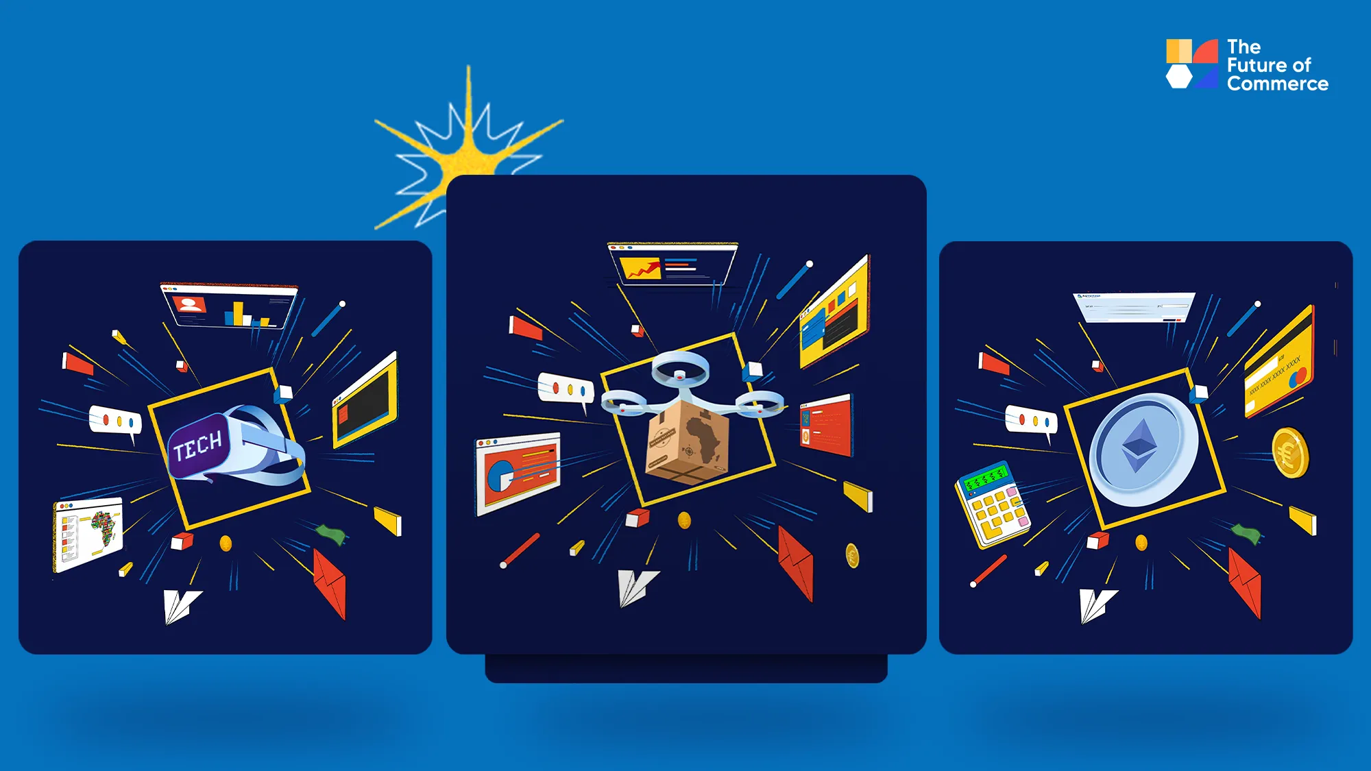 Three Future of Commerce campaign concept panels featuring technology, logistics and cryptocurrency illustrations.