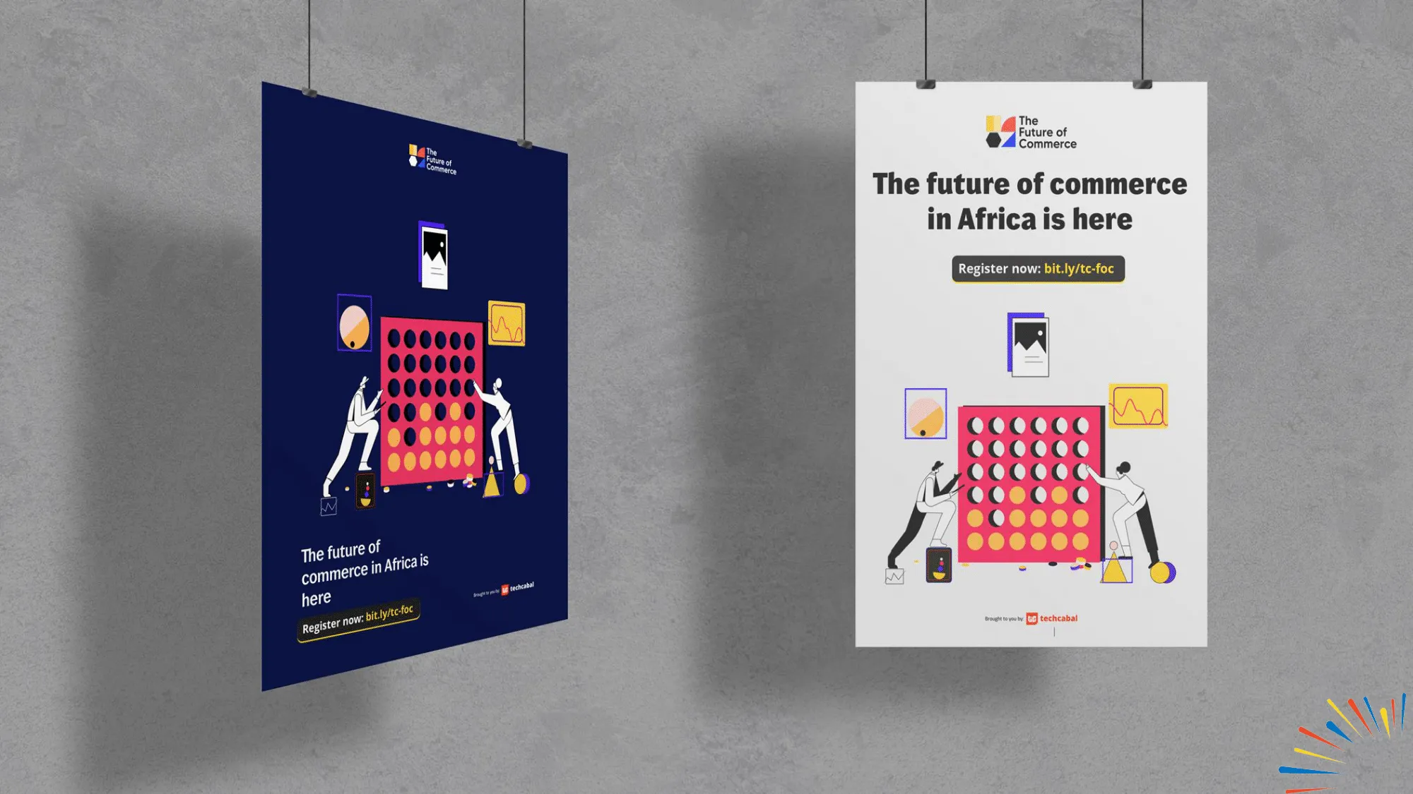 Two Future of Commerce campaign posters displayed in a concrete interior, one dark blue and one white.