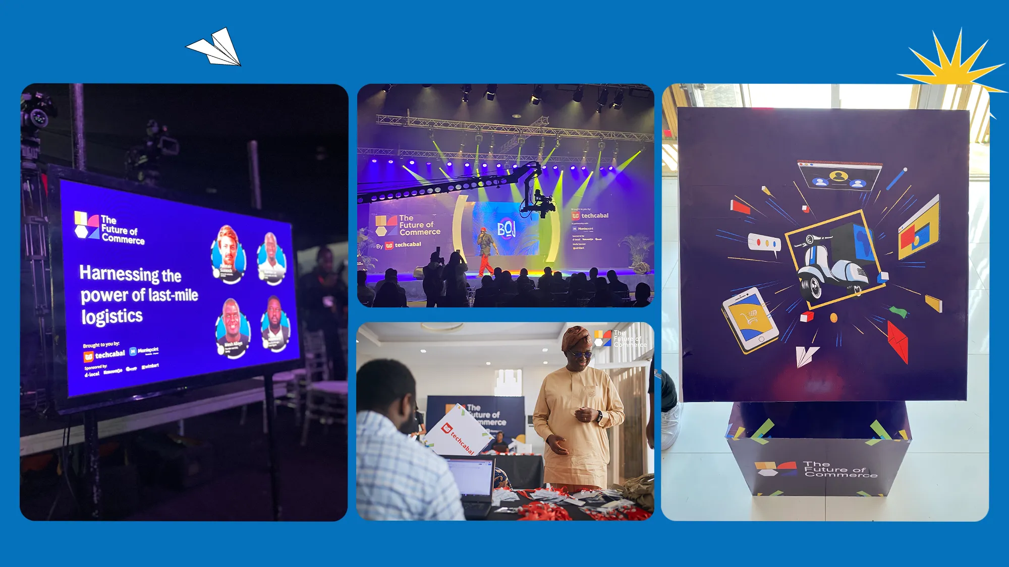 Future of Commerce event montage showing branded screen content, a live stage, a speaker and printed event artwork.