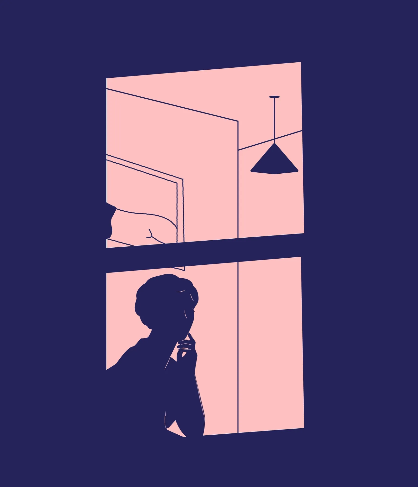 Two-panel navy and blush illustration of an interior and a silhouetted figure.