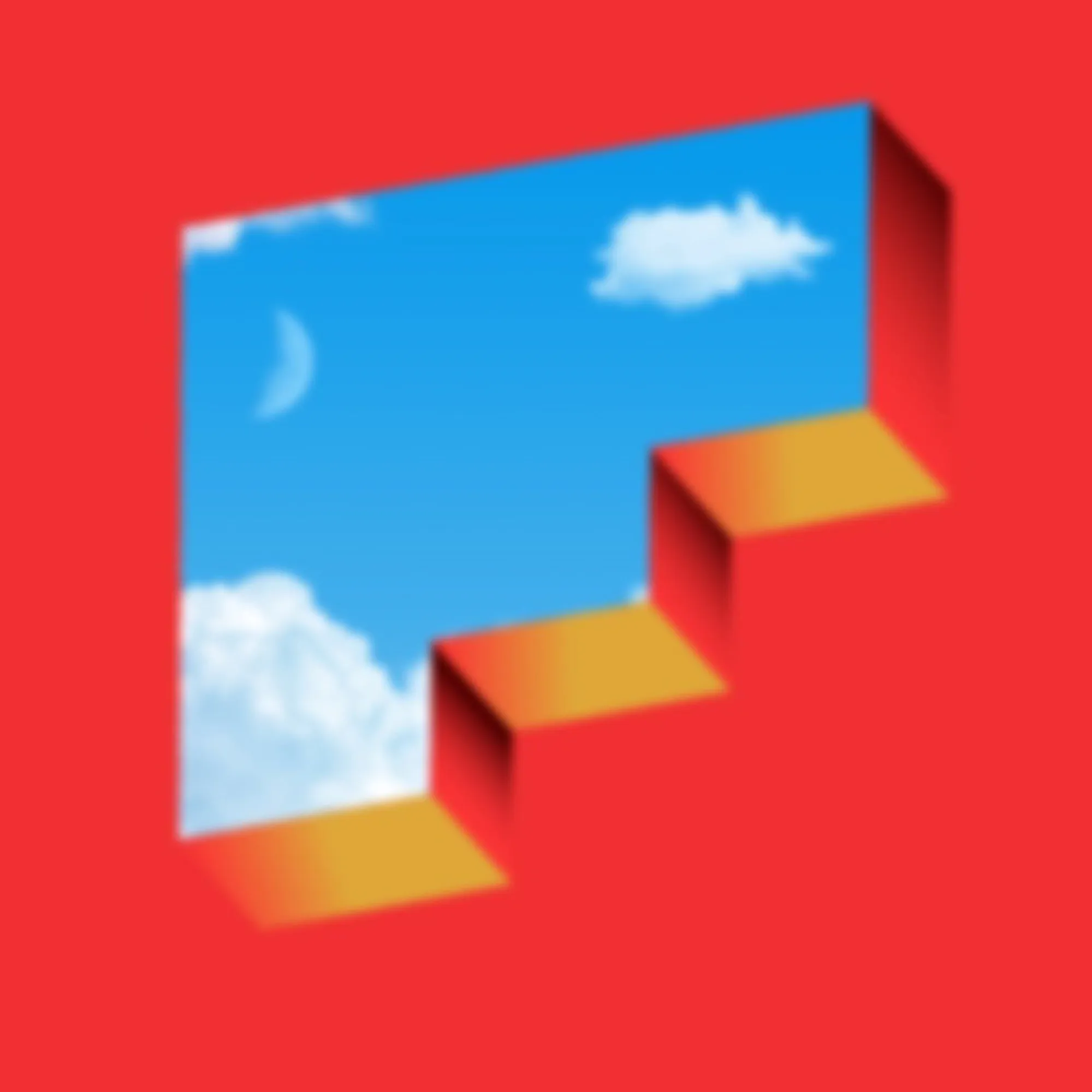 Geometric illustration in blue, red and yellow with stepped forms projecting from a rectangular panel.