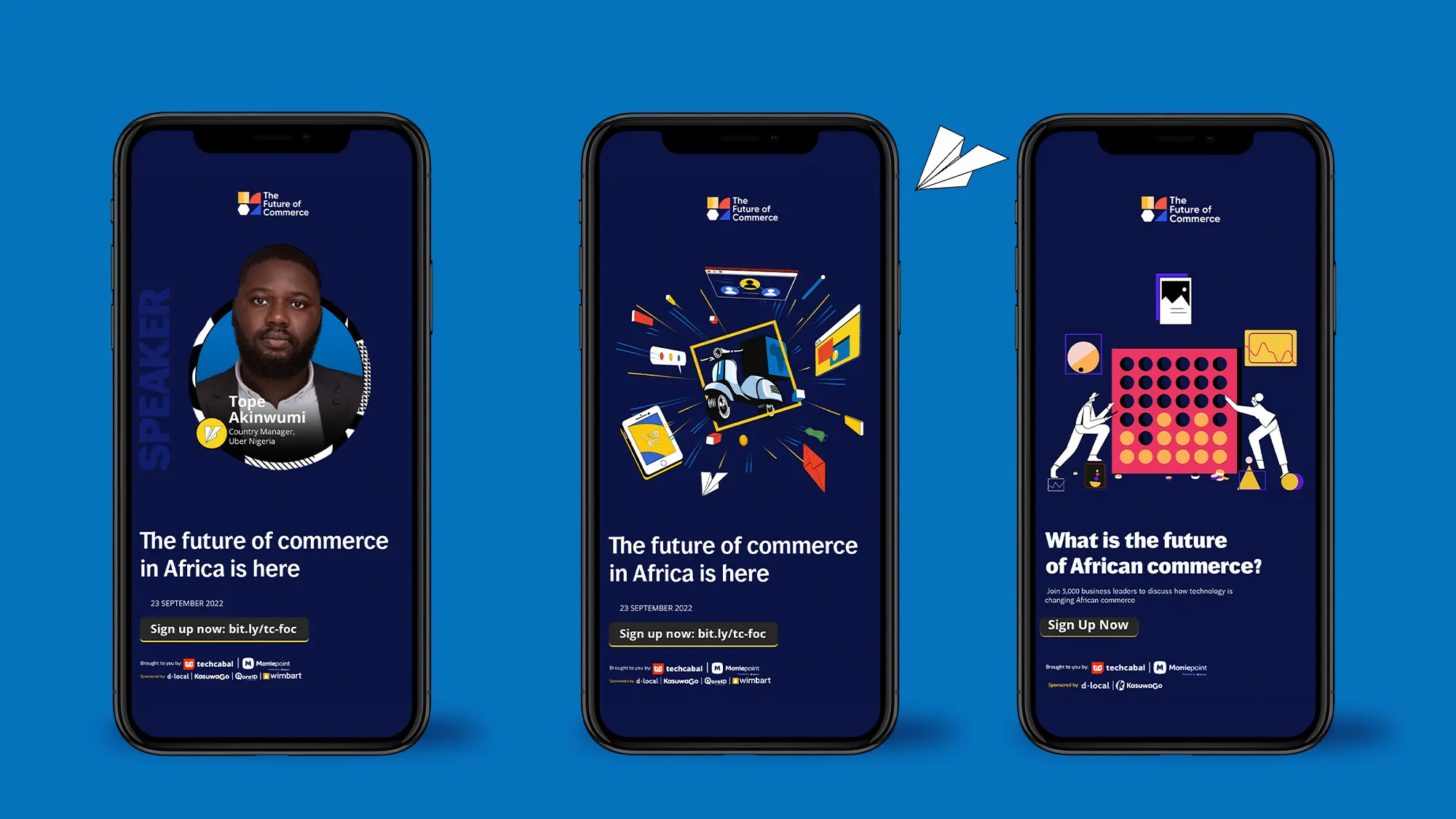 Three mobile screens showing Future of Commerce social campaign designs.