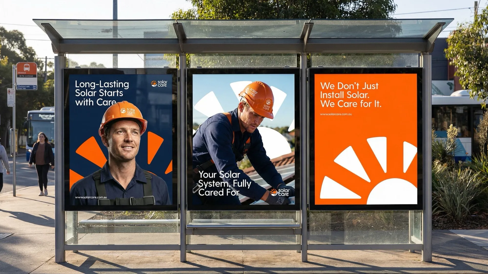 Solar Care campaign creative displayed across three panels at a Perth bus stop.