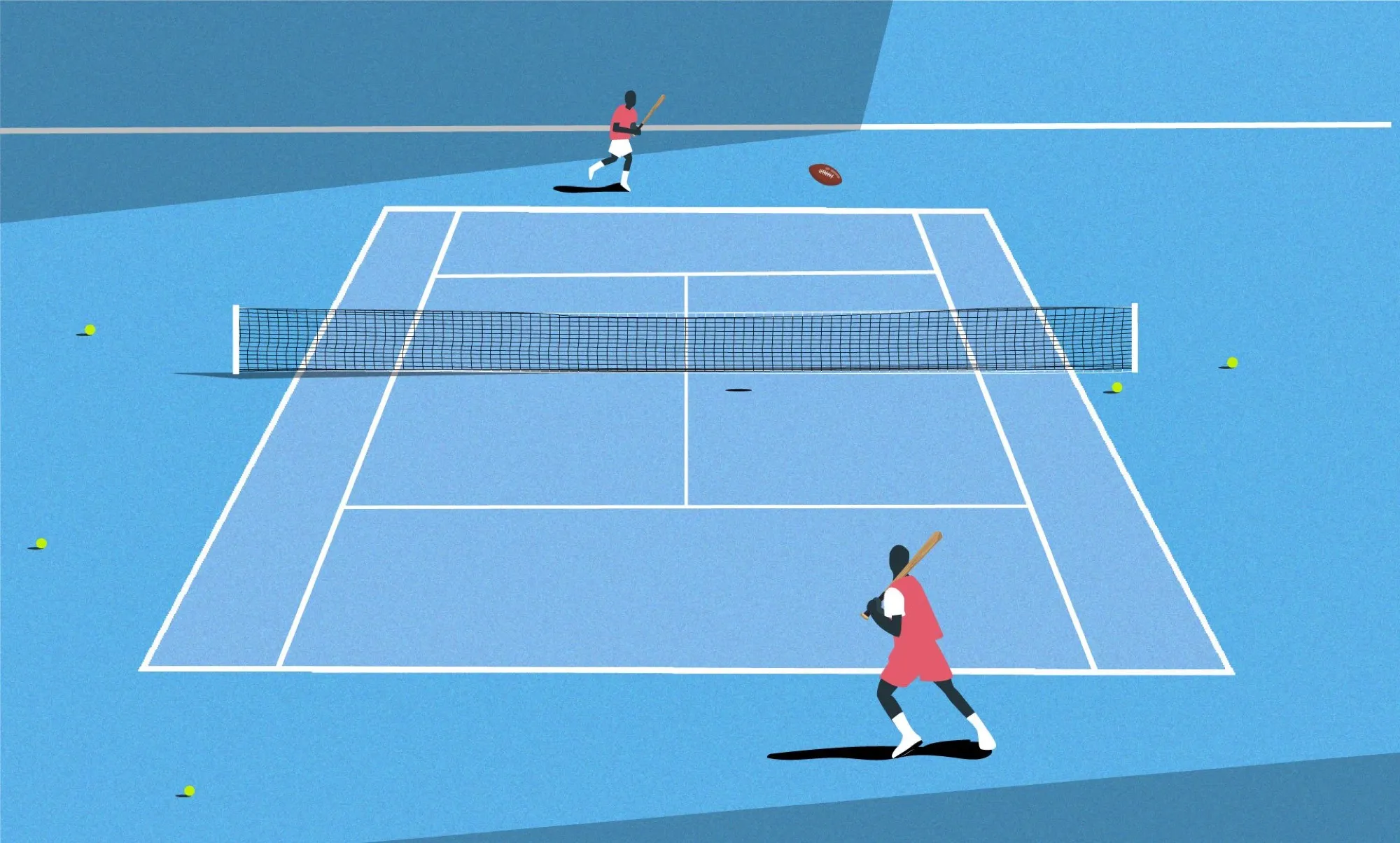 Flat-colour illustration of two athletes facing each other across an oversized court and net.