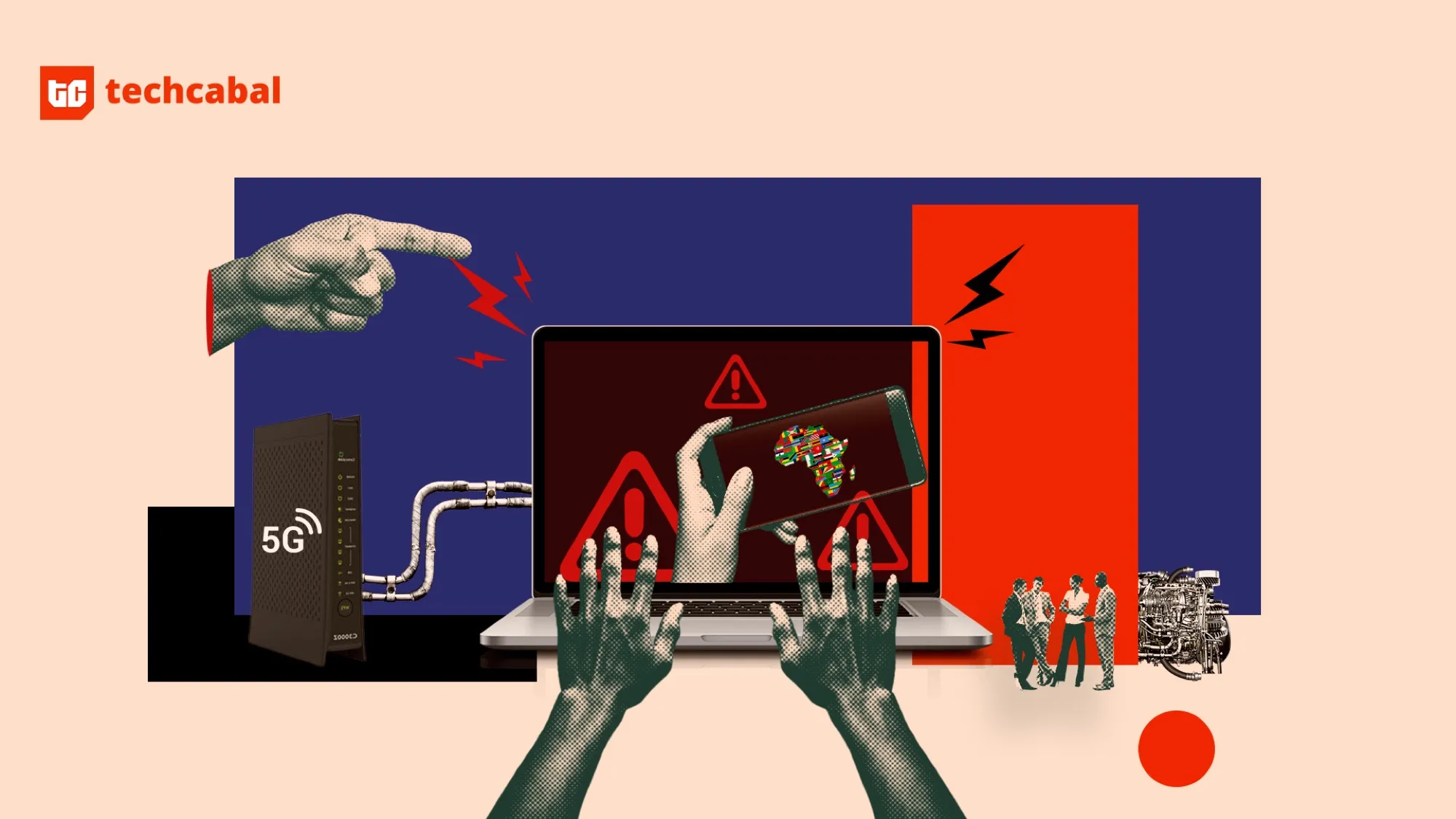 TechCabal editorial illustration with a laptop, a flag-patterned map of Africa and technology imagery.