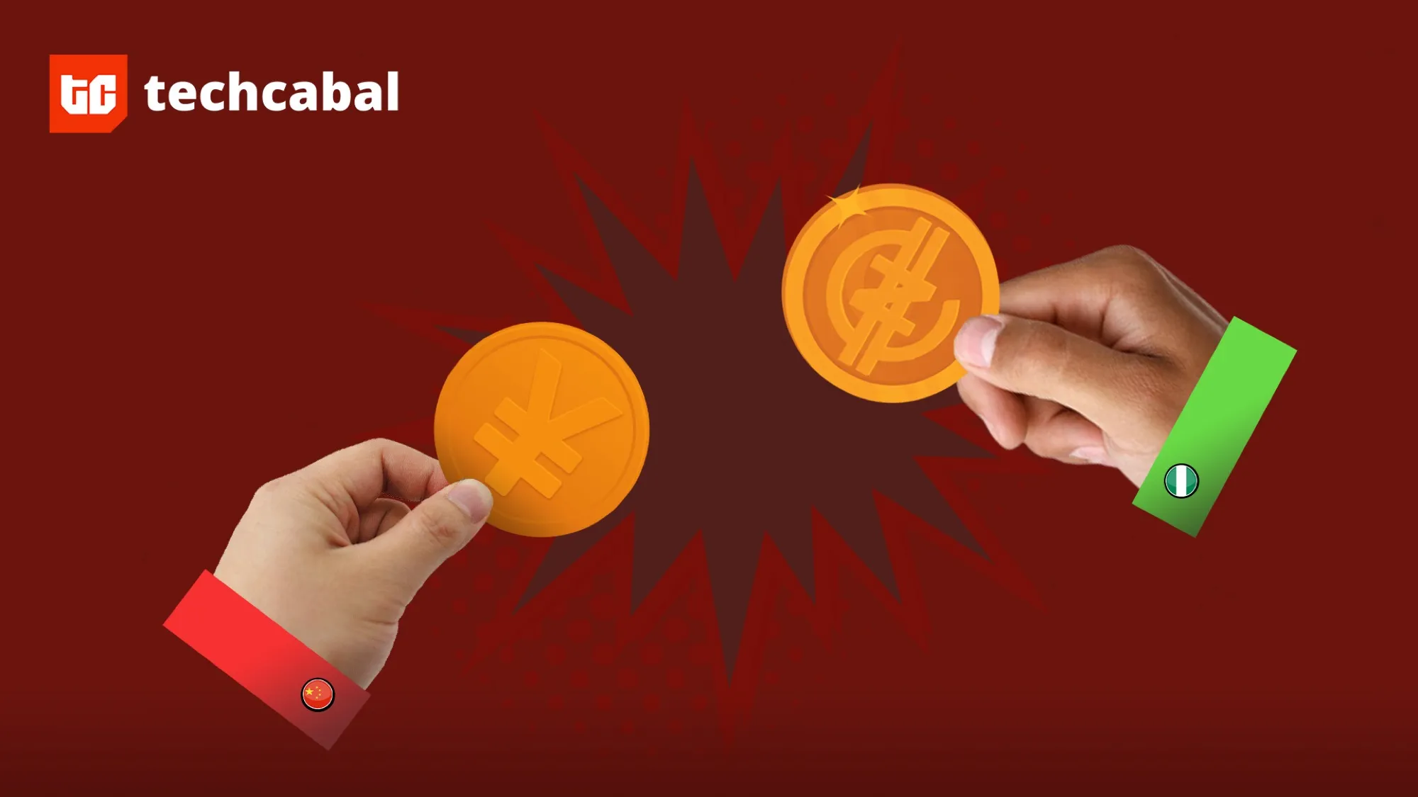 TechCabal editorial illustration of two hands exchanging currency-marked tokens against a red background.