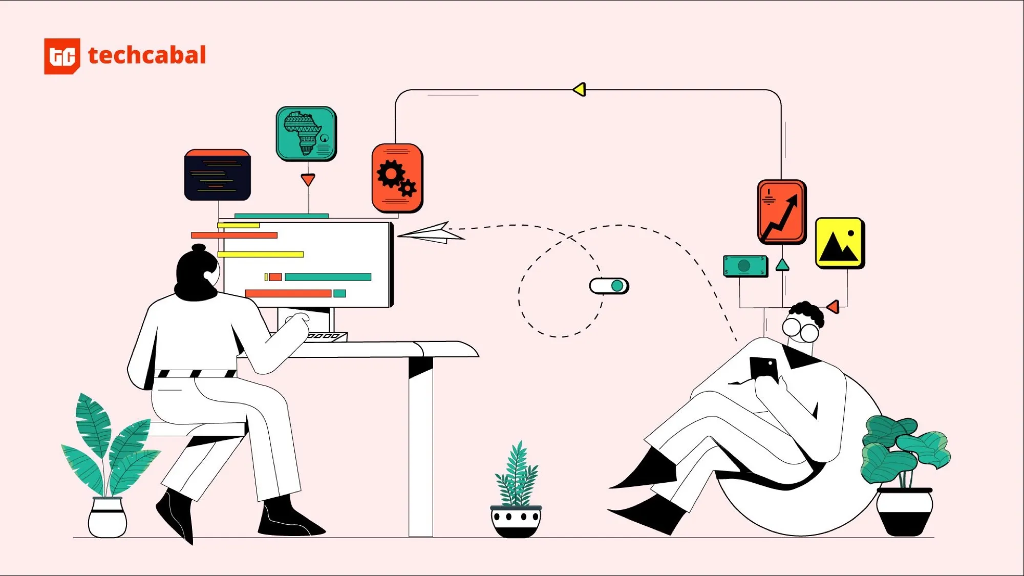 TechCabal vector illustration of people working with digital devices and interface panels.