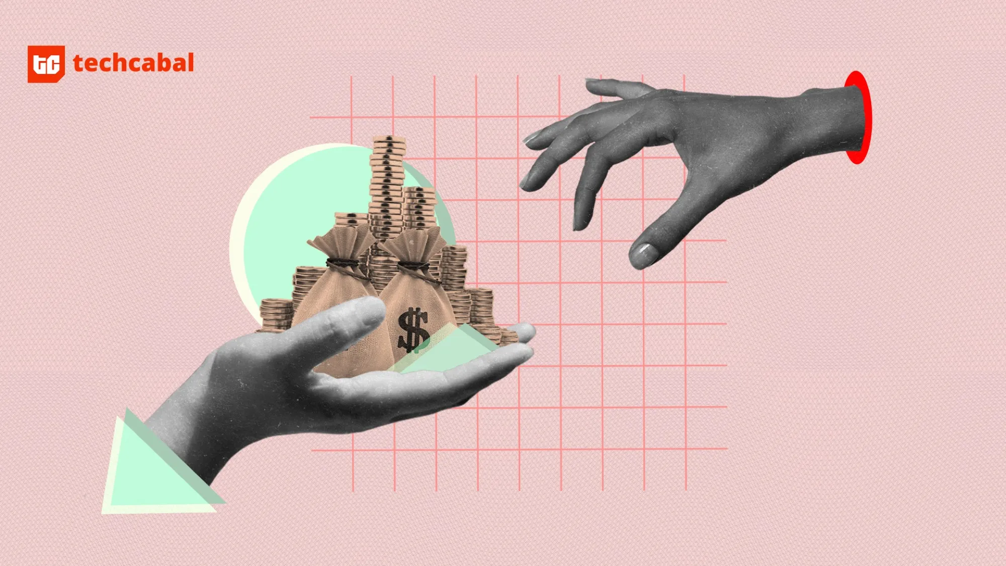 TechCabal editorial illustration of hands exchanging coins and money bags on a pale pink grid.