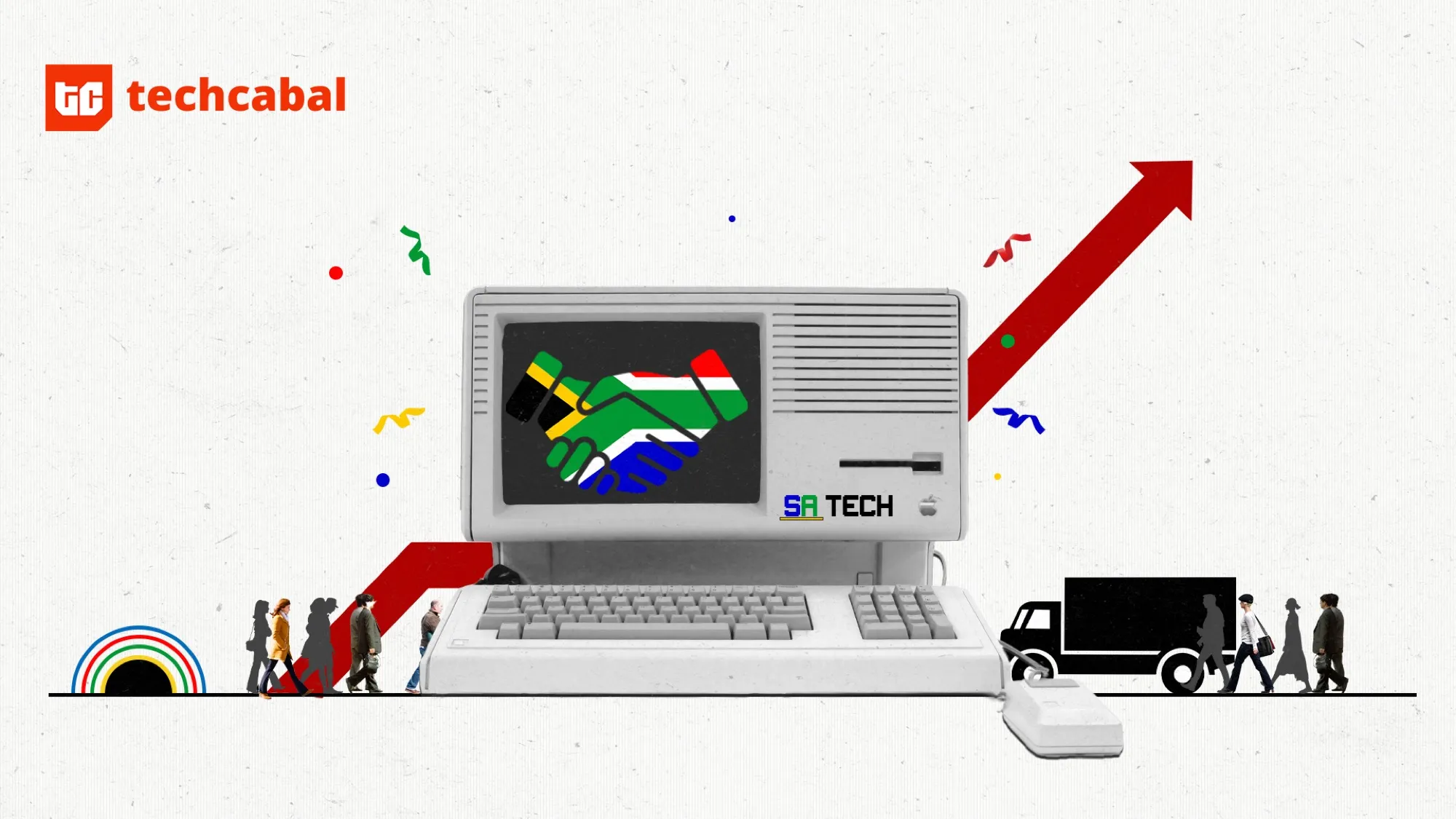 TechCabal editorial illustration of a retro desktop computer, rising red arrow and small figures.