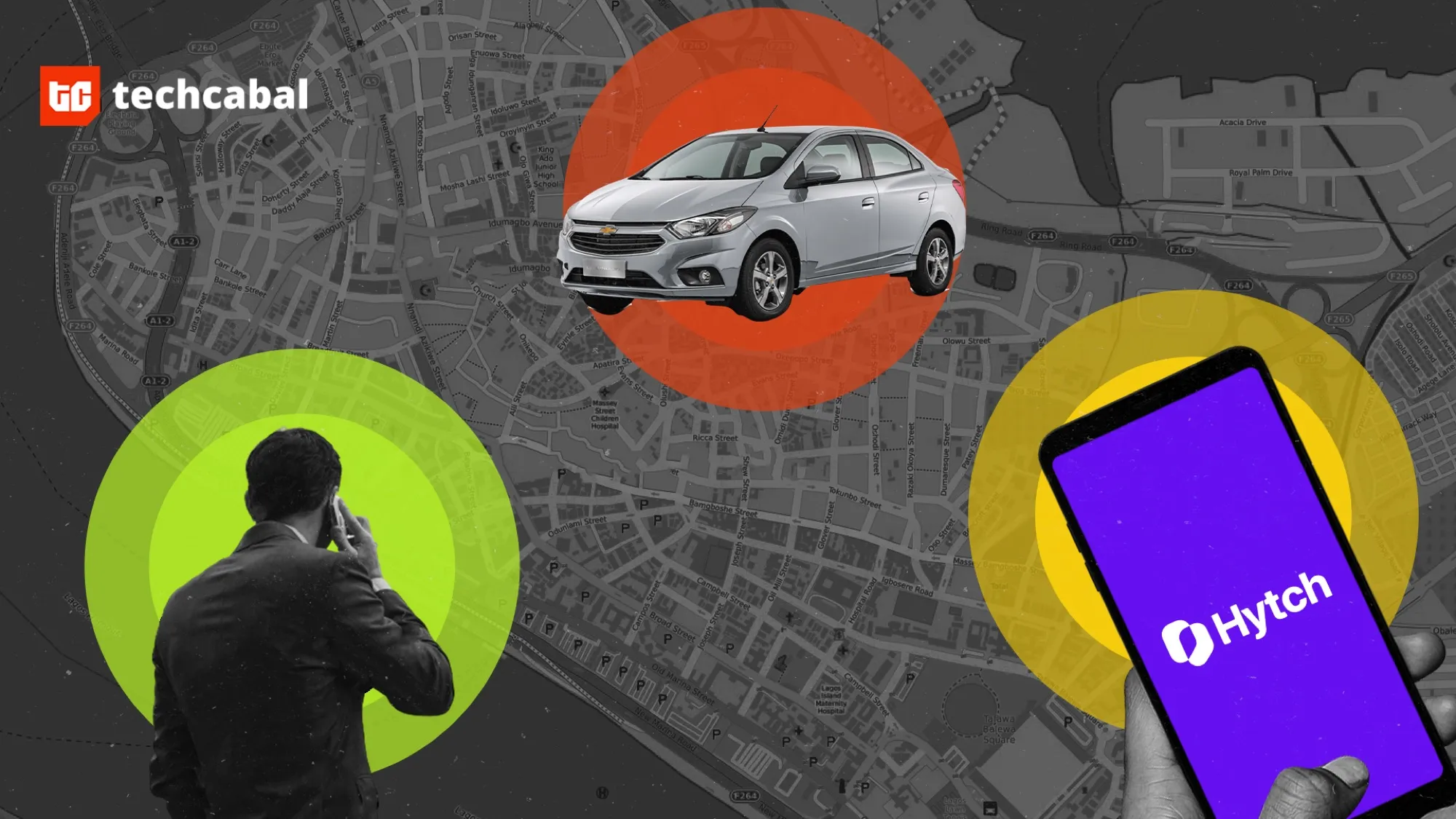 TechCabal editorial composition featuring a street map, car, figure with a phone and a Hytch-branded screen.