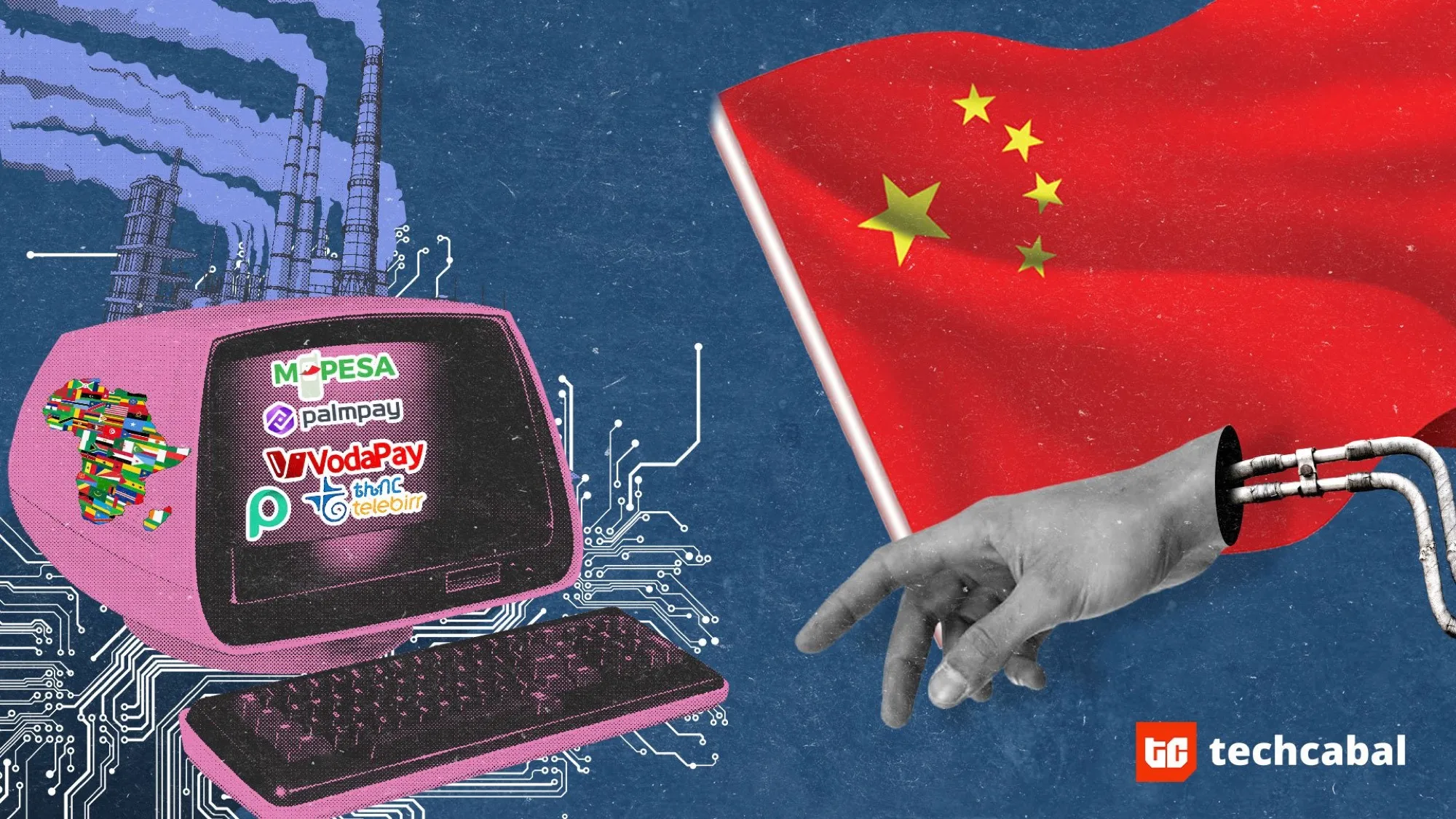 TechCabal editorial illustration of a laptop with payment-service symbols and an outstretched hand against a green, white and green flag.