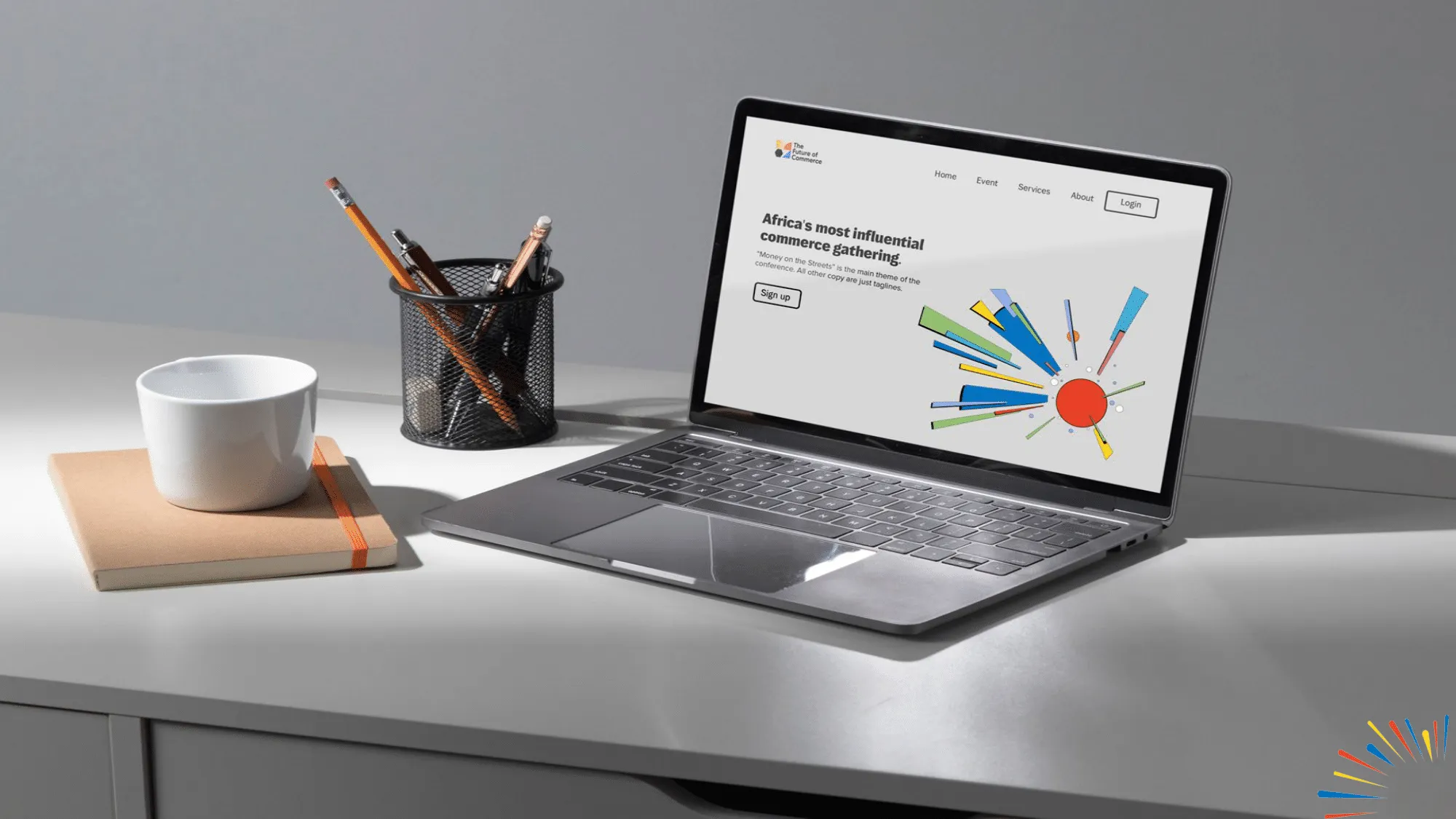 Laptop mock-up displaying a Future of Commerce website concept on a desk.