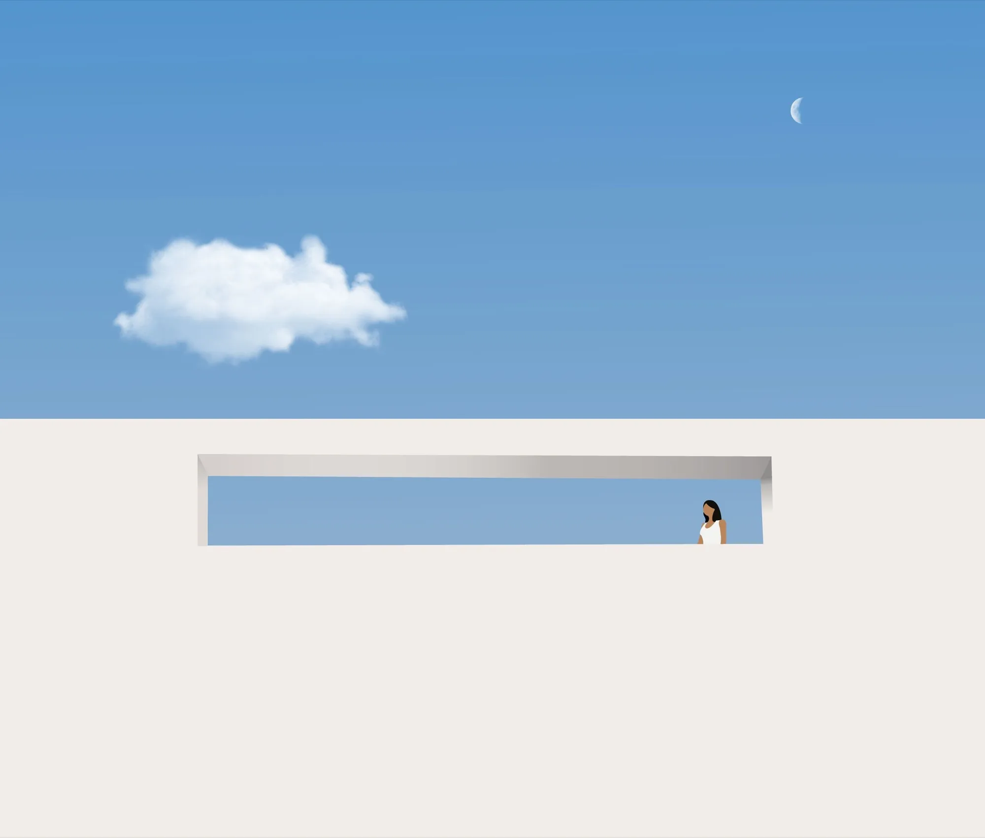 Minimal illustration of a lone figure at a window beneath a blue sky, crescent moon and cloud.